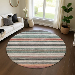 HomeRoots 8' Pale Aqua Striped Round Rug with UV Protection - Washable, Stain-Resistant, Perfect for Any Space! 697695