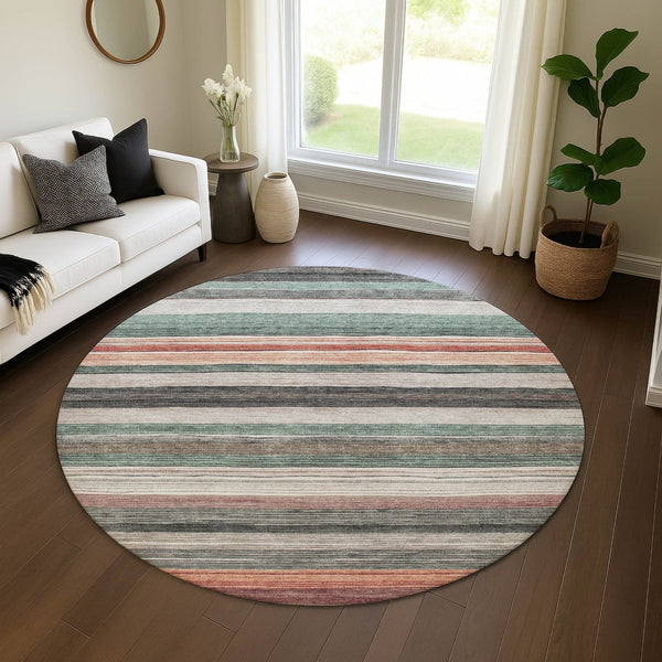 HomeRoots 8' Pale Aqua Striped Round Rug with UV Protection - Washable, Stain-Resistant, Perfect for Any Space! 697695