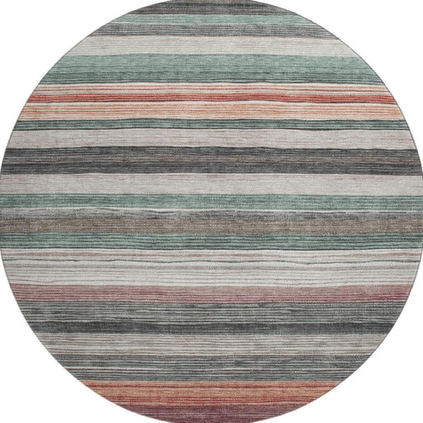 HomeRoots 8' Pale Aqua Striped Round Rug with UV Protection - Washable, Stain-Resistant, Perfect for Any Space! 697695