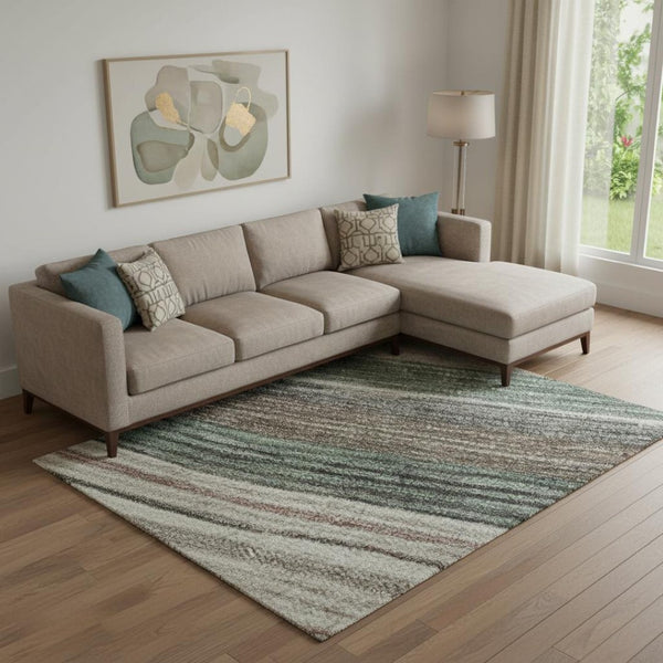 HomeRoots 9' X 12' Coastal Striped Area Rug in Pale Aqua, Rust & Ivory – UV-Protected, Easy-Care, Durable Design 697697