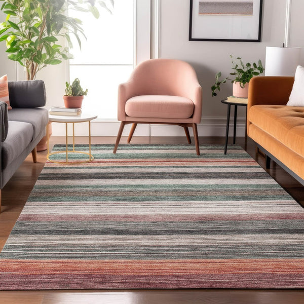HomeRoots 9' X 12' Coastal Striped Area Rug in Pale Aqua, Rust & Ivory – UV-Protected, Easy-Care, Durable Design 697697