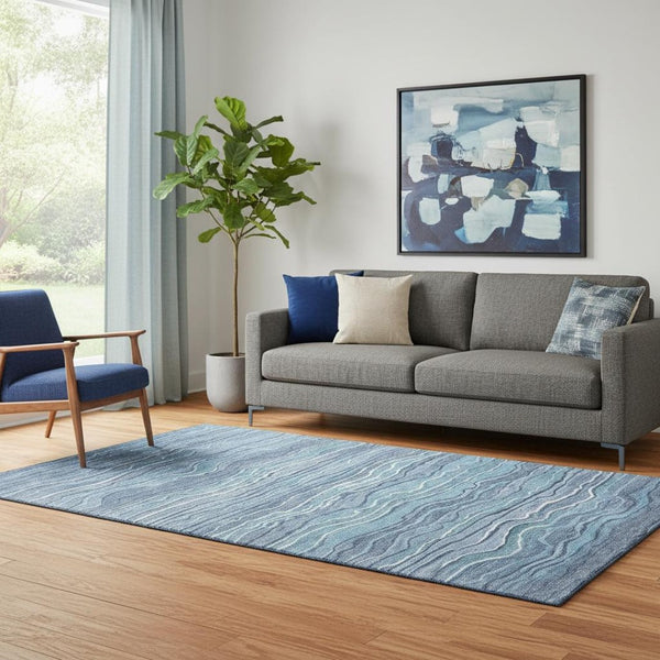 HomeRoots 5' Blue Ivory and Gray Striped Washable Area Rug - UV Protected, Stain Resistant, Easy Care Design 697700