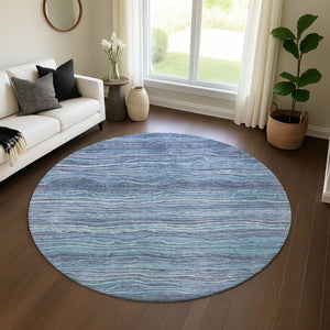 HomeRoots 8' Blue Ivory and Gray Striped Washable Round Rug - Durable, UV Protected, Ideal for Family Spaces 697701