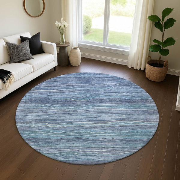 HomeRoots 8' Blue Ivory and Gray Striped Washable Round Rug - Durable, UV Protected, Ideal for Family Spaces 697701
