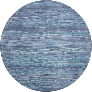 HomeRoots 8' Blue Ivory and Gray Striped Washable Round Rug - Durable, UV Protected, Ideal for Family Spaces 697701