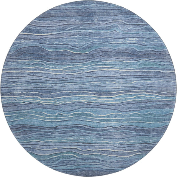 HomeRoots 8' Blue Ivory and Gray Striped Washable Round Rug - Durable, UV Protected, Ideal for Family Spaces 697701
