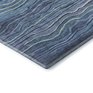 HomeRoots 8' Blue Ivory and Gray Striped Washable Round Rug - Durable, UV Protected, Ideal for Family Spaces 697701