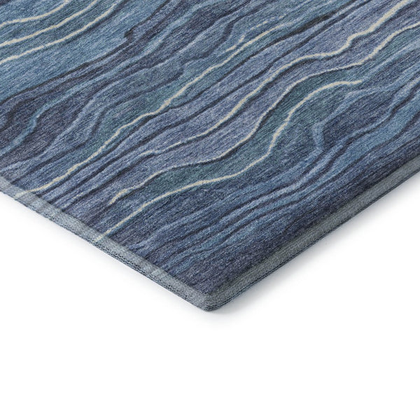 HomeRoots 8' Blue Ivory and Gray Striped Washable Round Rug - Durable, UV Protected, Ideal for Family Spaces 697701