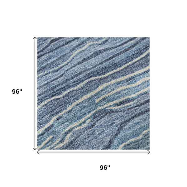 HomeRoots 8' Blue Ivory and Gray Striped Washable Round Rug - Durable, UV Protected, Ideal for Family Spaces 697701