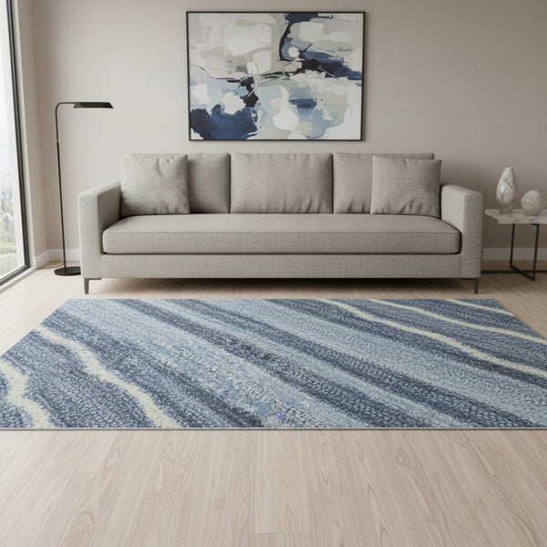HomeRoots 8' Blue Ivory and Gray Striped Washable Round Rug - Durable, UV Protected, Ideal for Family Spaces 697701