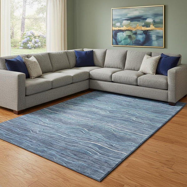 HomeRoots 8' X 10' Striped Washable Area Rug in Blue, Ivory & Gray with UV Protection for Busy Homes 697702
