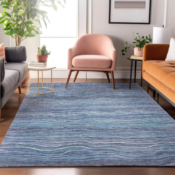 HomeRoots 9' X 12' Washable Striped Area Rug in Blue, Ivory & Gray – UV Protected, Durable & Easy Care! 697703
