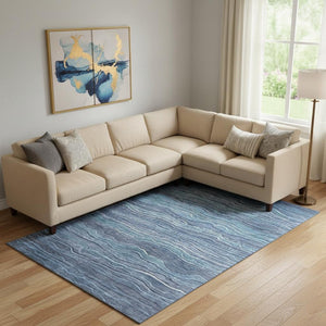 HomeRoots 10' X 14' Blue Ivory and Gray Striped Washable Area Rug with UV Protection - Durable & Stylish Decor 697704