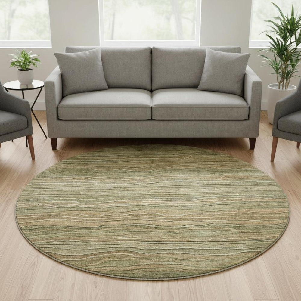 HomeRoots 8' Stylish Fern Green, Gray & Ivory Striped Washable Round Rug with UV Protection for Homes 697707