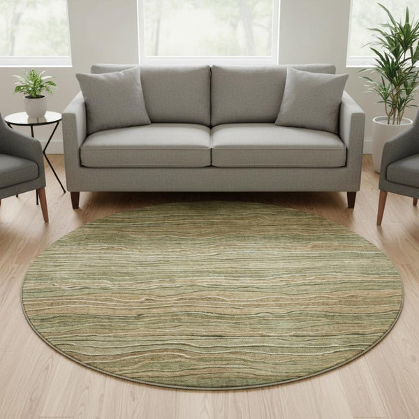 HomeRoots 8' Stylish Fern Green, Gray & Ivory Striped Washable Round Rug with UV Protection for Homes 697707