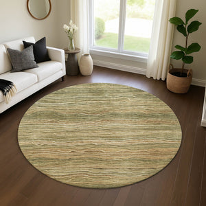 HomeRoots 8' Stylish Fern Green, Gray & Ivory Striped Washable Round Rug with UV Protection for Homes 697707
