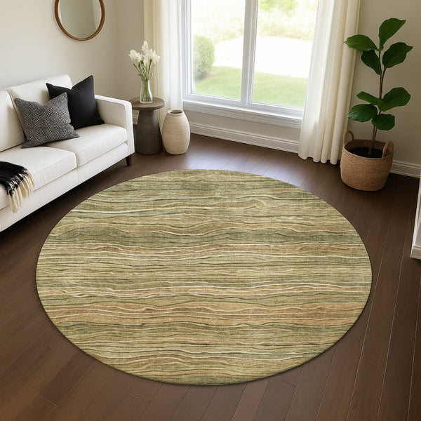HomeRoots 8' Stylish Fern Green, Gray & Ivory Striped Washable Round Rug with UV Protection for Homes 697707