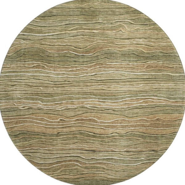 HomeRoots 8' Stylish Fern Green, Gray & Ivory Striped Washable Round Rug with UV Protection for Homes 697707