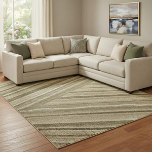 HomeRoots 8' X 10' Striped Washable Area Rug in Fern Green, Gray & Ivory with UV Protection for Easy Care 697708
