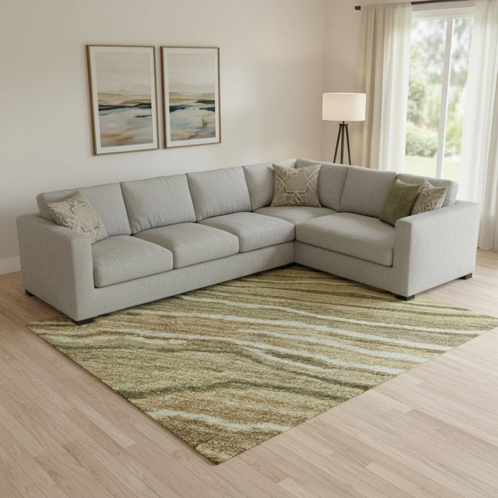 HomeRoots 9' X 12' Striped Washable Area Rug in Fern Green, Gray & Ivory - UV Protected for High-Traffic Rooms 697709