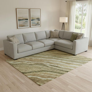 HomeRoots 9' X 12' Striped Washable Area Rug in Fern Green, Gray & Ivory - UV Protected for High-Traffic Rooms 697709