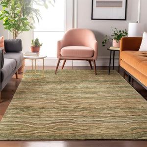 HomeRoots 9' X 12' Striped Washable Area Rug in Fern Green, Gray & Ivory - UV Protected for High-Traffic Rooms 697709