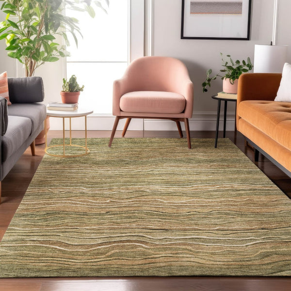 HomeRoots 9' X 12' Striped Washable Area Rug in Fern Green, Gray & Ivory - UV Protected for High-Traffic Rooms 697709