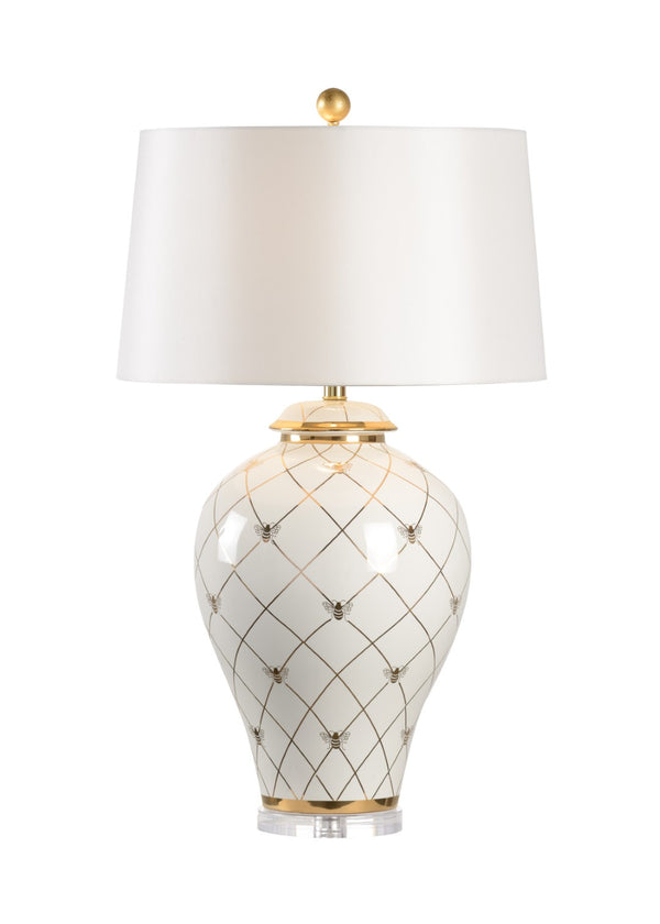 Chelsea House Ginger Jar Lamp By Shayla Copas — White Glaze With Satin Gold Geometric Pattern & Royal Bee Accent 69771
