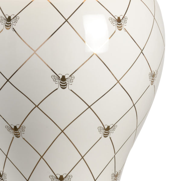 Chelsea House Ginger Jar Lamp By Shayla Copas — White Glaze With Satin Gold Geometric Pattern & Royal Bee Accent 69771