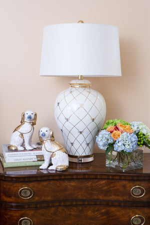 Chelsea House Ginger Jar Lamp By Shayla Copas — White Glaze With Satin Gold Geometric Pattern & Royal Bee Accent 69771