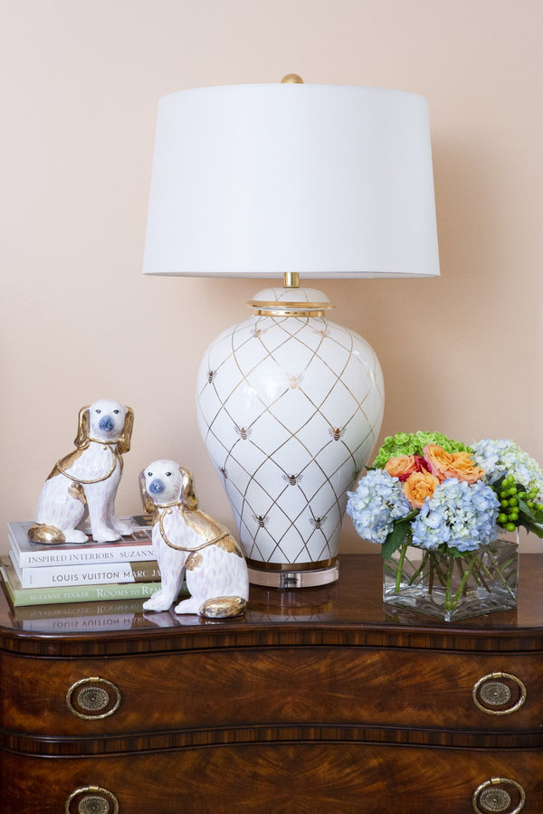 Chelsea House Ginger Jar Lamp By Shayla Copas — White Glaze With Satin Gold Geometric Pattern & Royal Bee Accent 69771