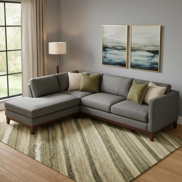HomeRoots 10' X 14' Fern Green, Gray & Ivory Striped Area Rug - UV Protected, Stain Resistant, Non-Slip Design 697710