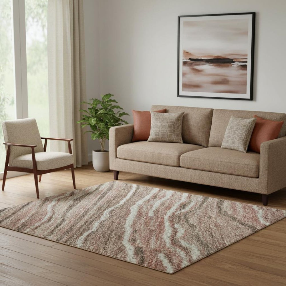 HomeRoots 5' X 8' Striped Washable Area Rug in Coffee, Copper & Beige - Durable, UV-Protected & Easy-Care! 697712