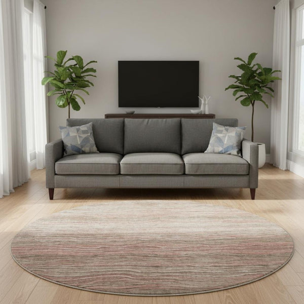 HomeRoots 8' Stylish Copper & Beige Striped Washable Round Rug with UV Protection for High-Traffic Areas 697713