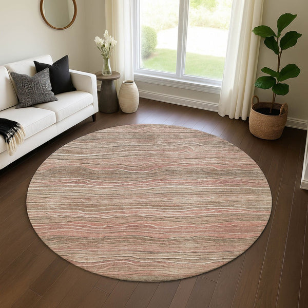 HomeRoots 8' Stylish Copper & Beige Striped Washable Round Rug with UV Protection for High-Traffic Areas 697713