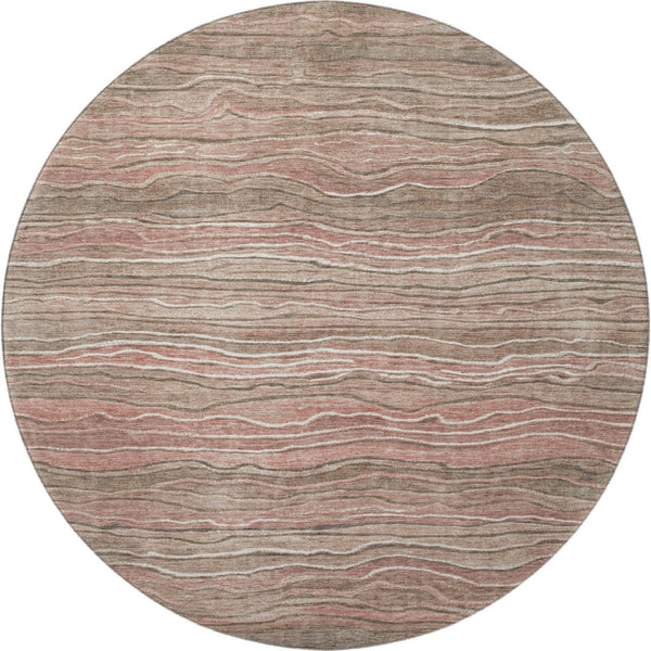 HomeRoots 8' Stylish Copper & Beige Striped Washable Round Rug with UV Protection for High-Traffic Areas 697713