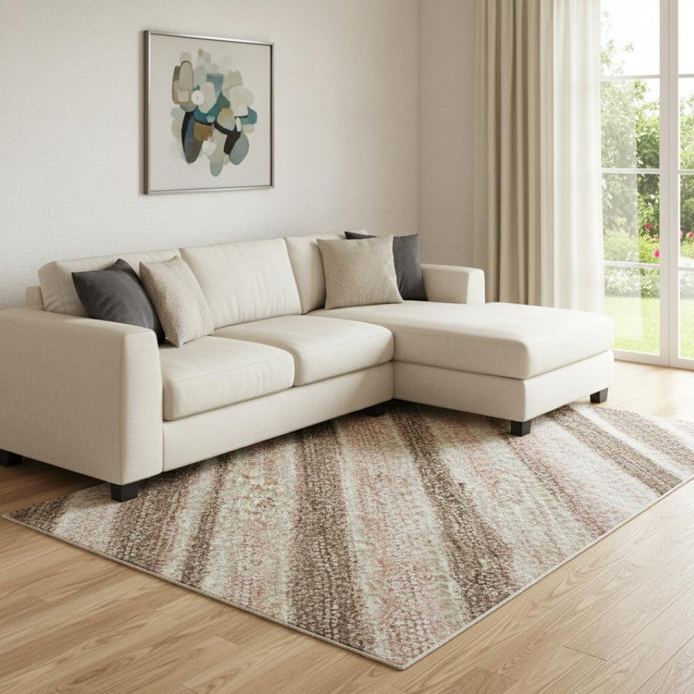 HomeRoots 8' X 10' Stylish Coffee, Copper & Beige Striped Washable Area Rug with UV Protection & Durability 697714