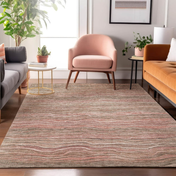 HomeRoots 9' X 12' Striped Washable Area Rug in Coffee, Copper, and Beige – Durable, UV Protected & Easy Care 697715