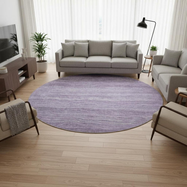 HomeRoots 8' Purple and Ivory Striped Round Rug - Washable, UV Protected, Durable Design for Busy Homes 697719