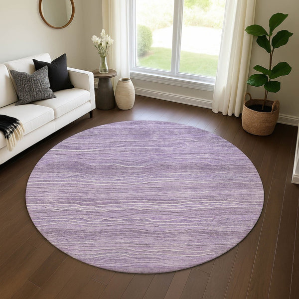HomeRoots 8' Purple and Ivory Striped Round Rug - Washable, UV Protected, Durable Design for Busy Homes 697719