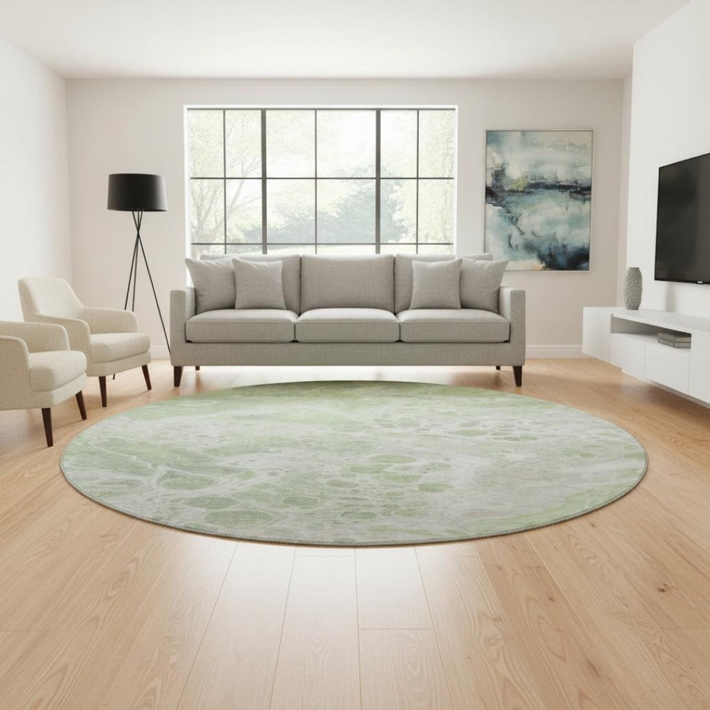HomeRoots 8' Artichoke Green Abstract Round Rug - Washable, Stain Resistant, UV Protected, Non-Slip Design 697725