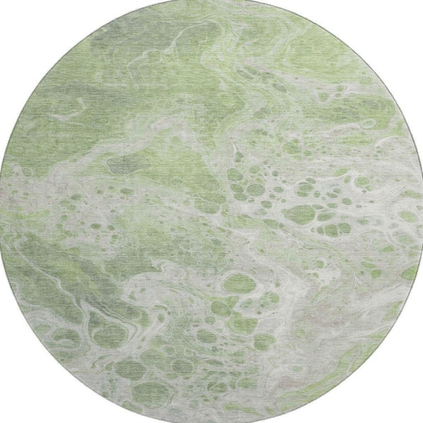 HomeRoots 8' Artichoke Green Abstract Round Rug - Washable, Stain Resistant, UV Protected, Non-Slip Design 697725