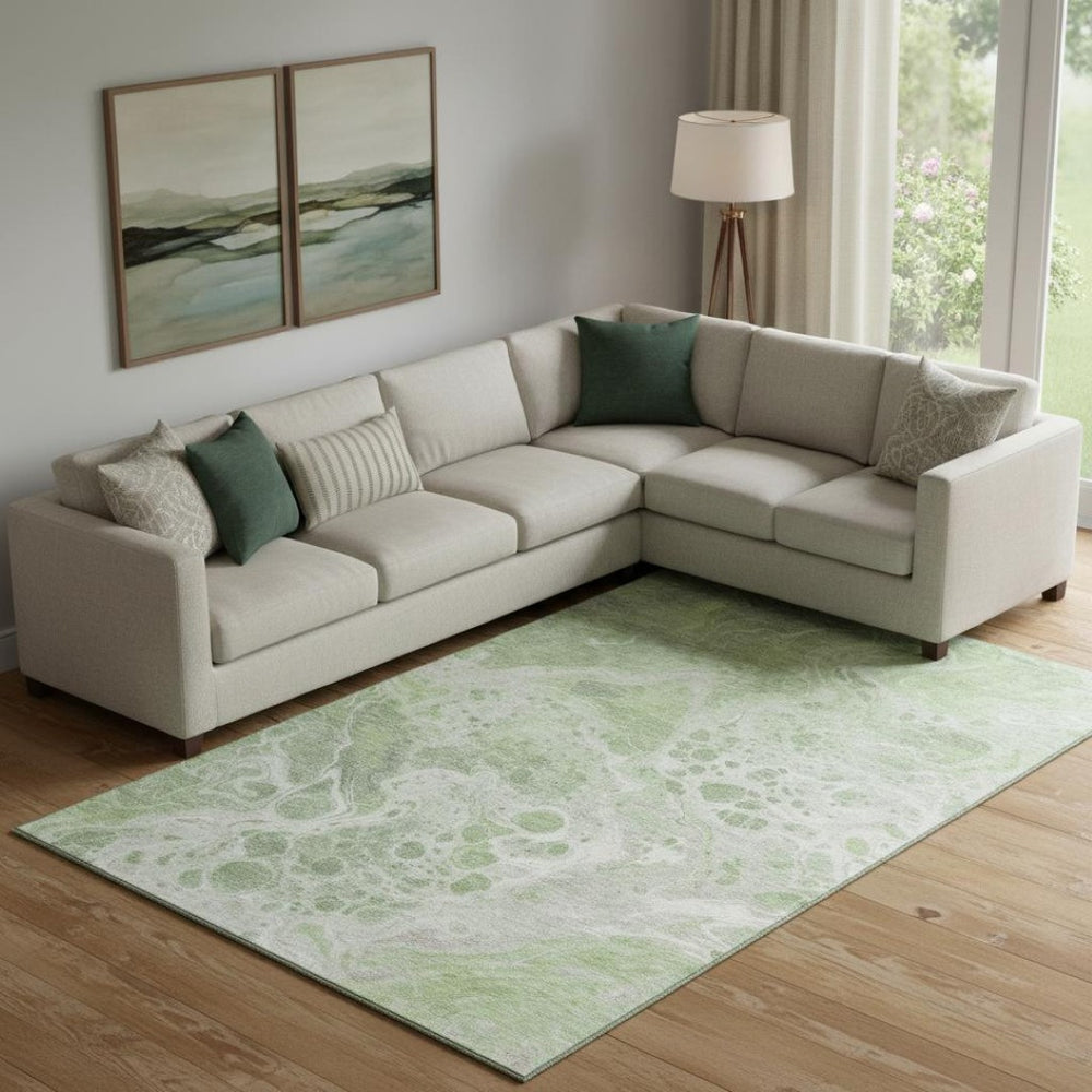HomeRoots 9' Washable Artichoke Green, Ivory & Gray Abstract Area Rug with UV Protection for Home Spaces 697727