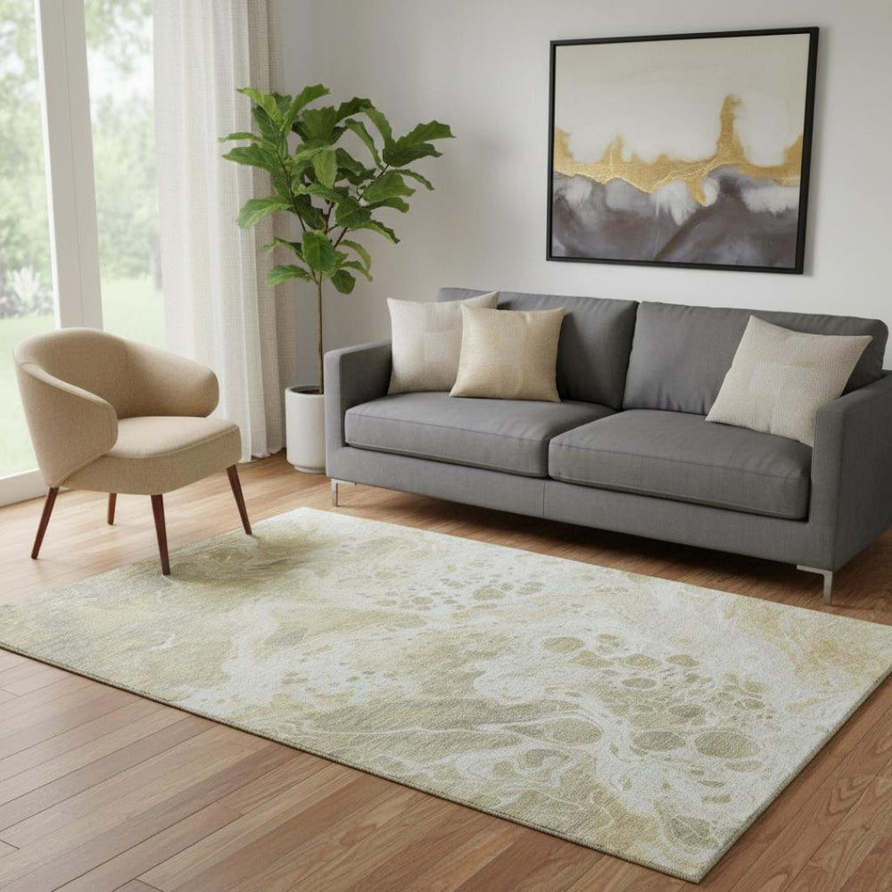 HomeRoots 5' X 8' Elegant Gold Beige & Ivory Abstract Washable Area Rug with UV Protection & Non-Slip Backing 697730