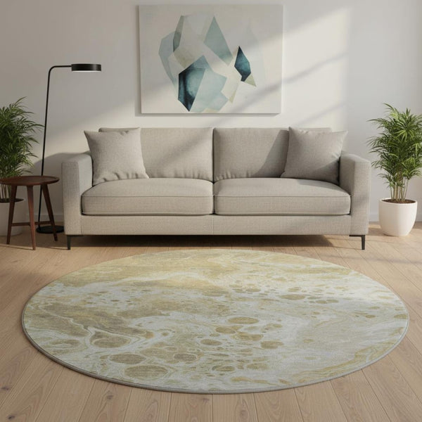 HomeRoots 8' Gold Beige Ivory Abstract Round Area Rug - Washable, UV Protected, Soft & Stain Resistant Design 697731