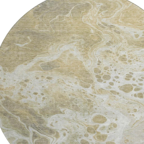 HomeRoots 8' Gold Beige Ivory Abstract Round Area Rug - Washable, UV Protected, Soft & Stain Resistant Design 697731