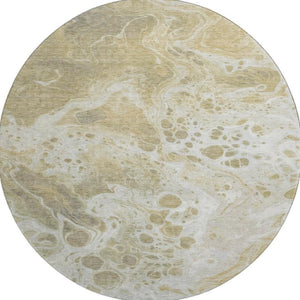 HomeRoots 8' Gold Beige Ivory Abstract Round Area Rug - Washable, UV Protected, Soft & Stain Resistant Design 697731