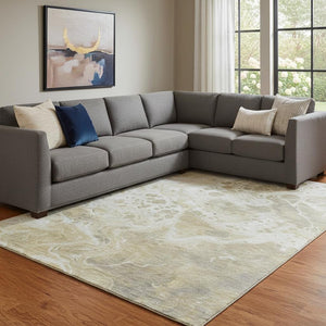 HomeRoots 8' X 10' Gold Beige Ivory Abstract Area Rug - Washable, UV Protected, Stylish & Family-Friendly Design 697732