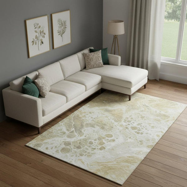 HomeRoots 9' X 12' Stylish Gold Beige Ivory Abstract Washable Area Rug – Durable, Stain-Resistant, UV Protected! 697733