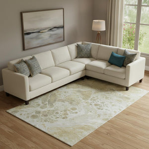 HomeRoots 10' X 14' Modern Gold Beige Ivory Abstract Area Rug – Washable, Stain Resistant, UV Protected! 697734